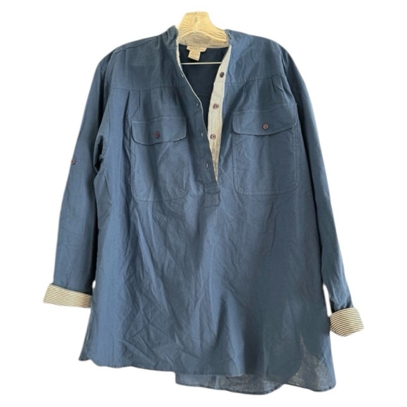 LASSEN SPORTSWEAR Vintage Women’s Blue Stripe Cuff 4 Button Top-LARGE - Picture 1 of 8